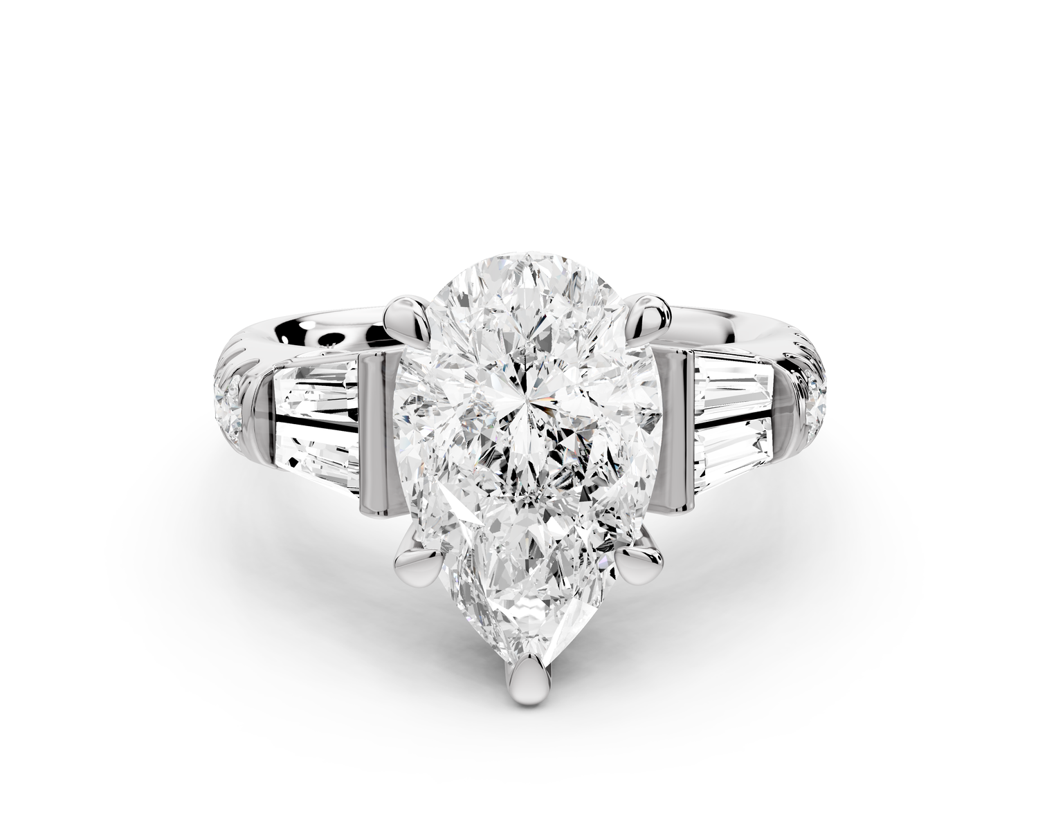 Aria - 3ct 18k white gold pear Diamond with tapered baguettes and round accent stones Engagement ring