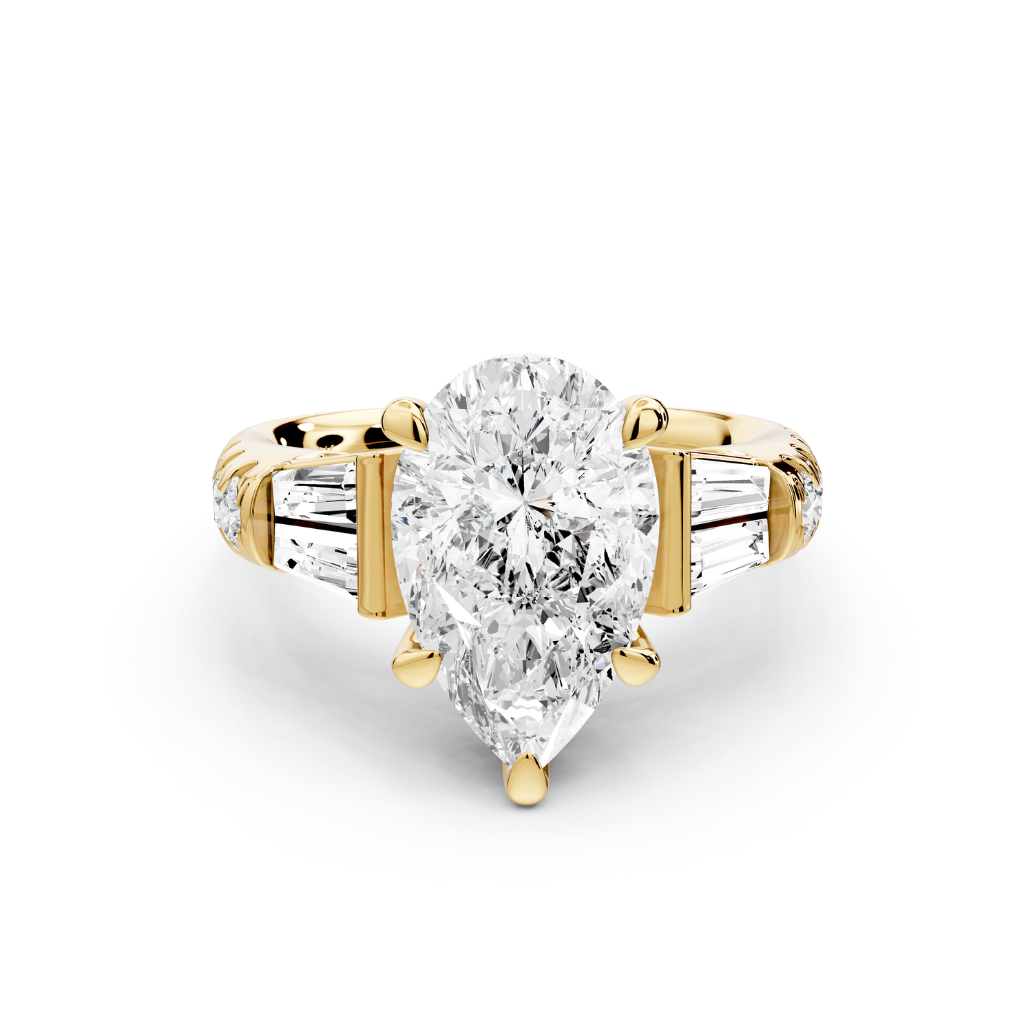 Aria - 3ct 14k yellow gold pear Diamond with tapered baguettes and round accent stones Engagement ring