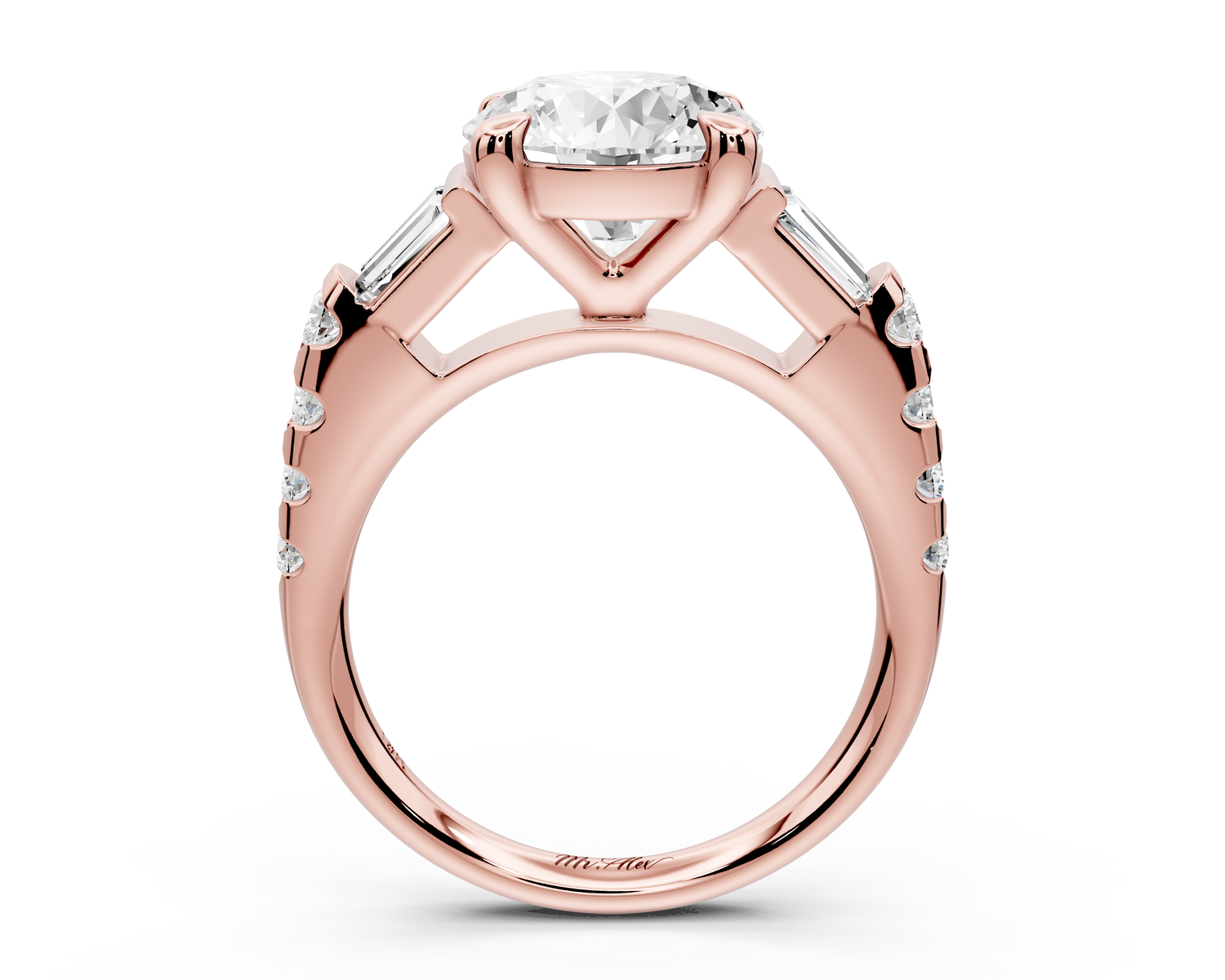 Aria - 3ct 14k rose gold round Diamond with tapered baguettes and round accent stones engagment ring