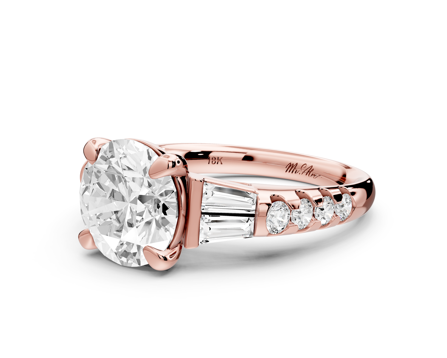 Aria - 3ct 18k rose gold round Diamond with tapered baguettes and round accent stones engagment ring