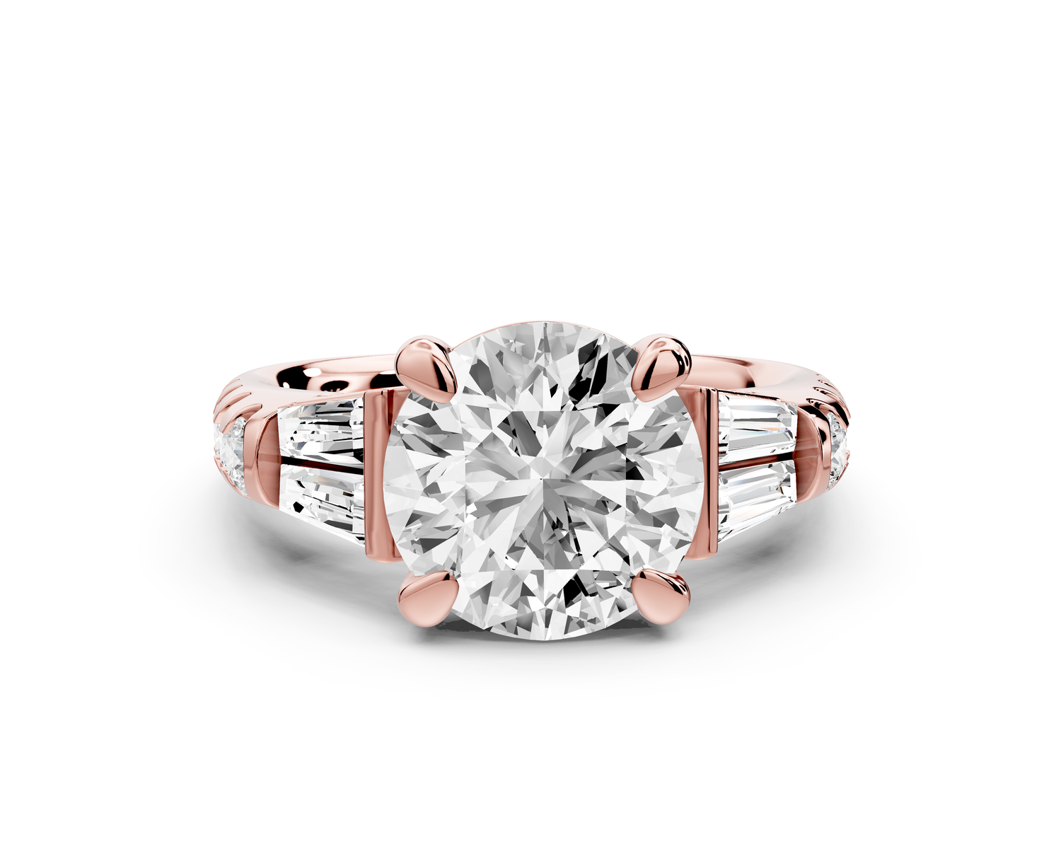 Aria - 3ct 18k rose gold round Diamond with tapered baguettes and round accent stones engagment ring