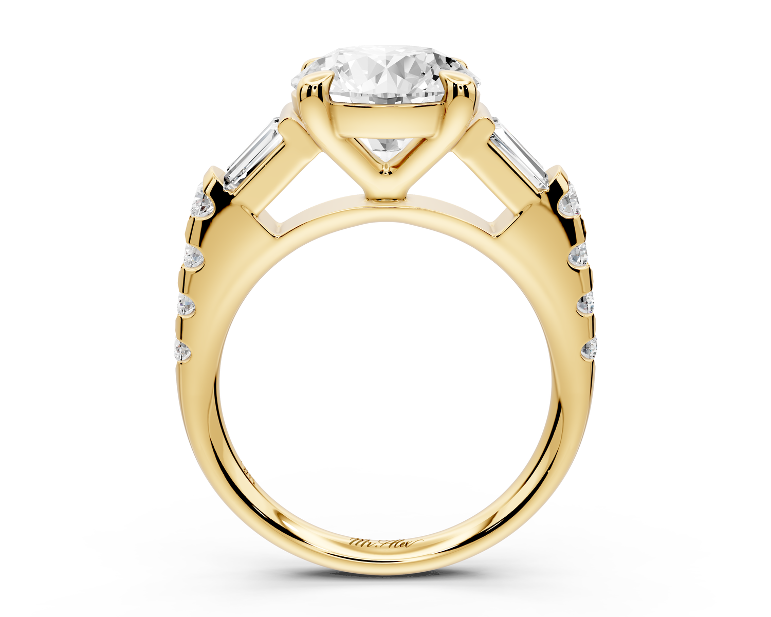 Aria - 3ct 14k yellow gold round Diamond with tapered baguettes and round accent stones engagment ring