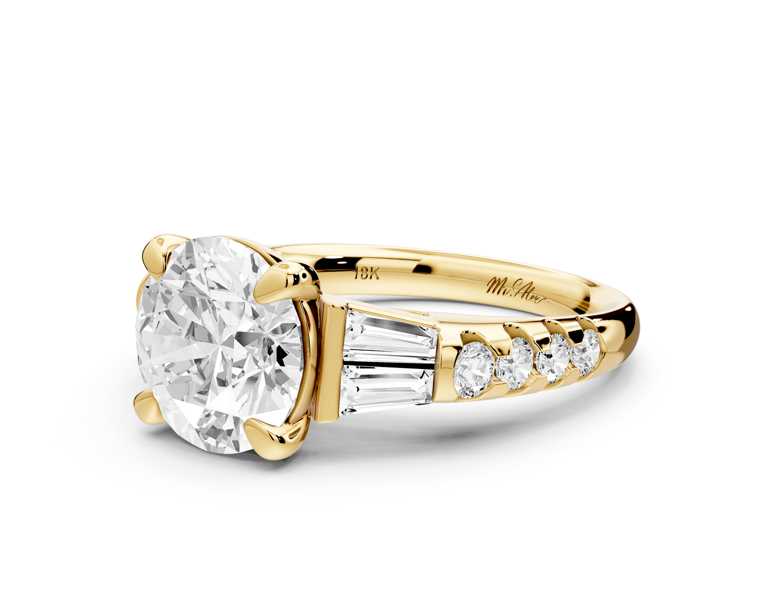 Aria - 3ct 18k yellow gold round Diamond with tapered baguettes and round accent stones engagment ring