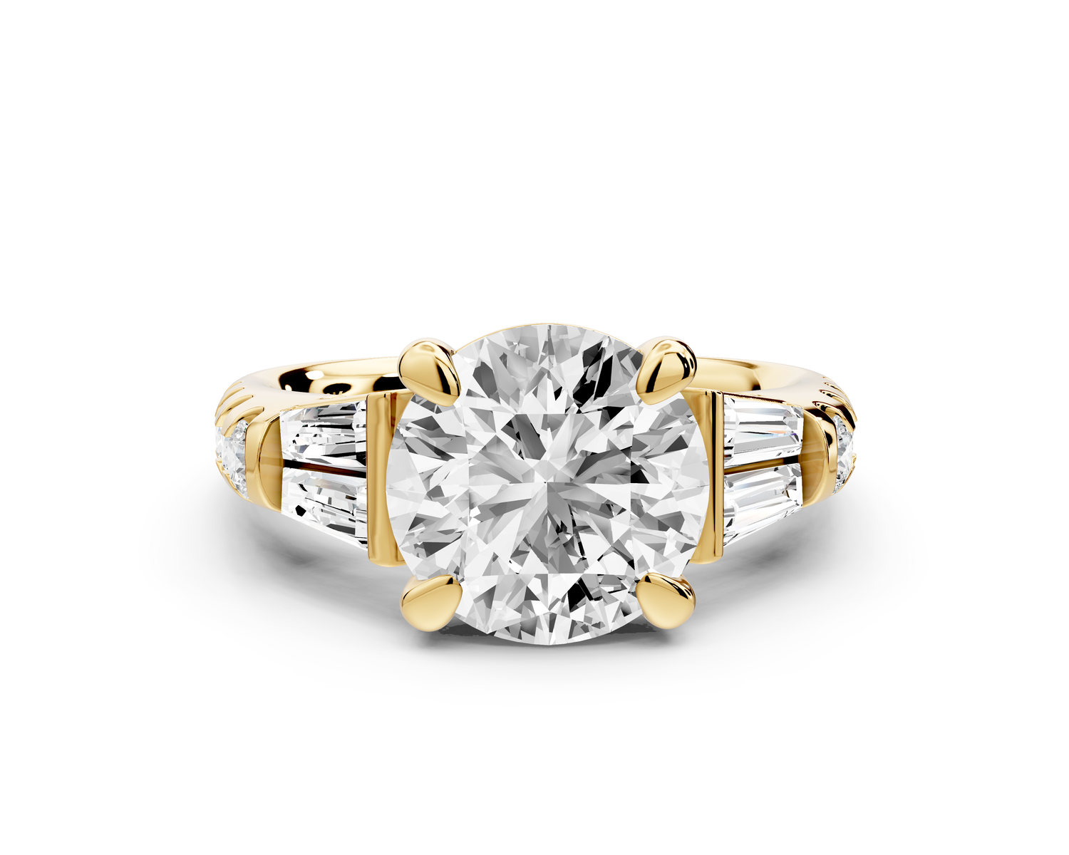Aria - 3ct 18k yellow gold round Diamond with tapered baguettes and round accent stones engagment ring