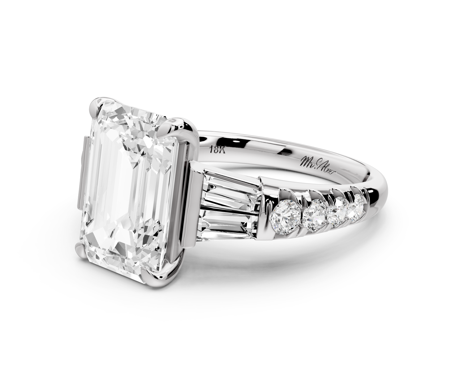 Aria - 4ct 18k white gold emerald Diamond with tapered baguettes and round accent stones Engagement ring