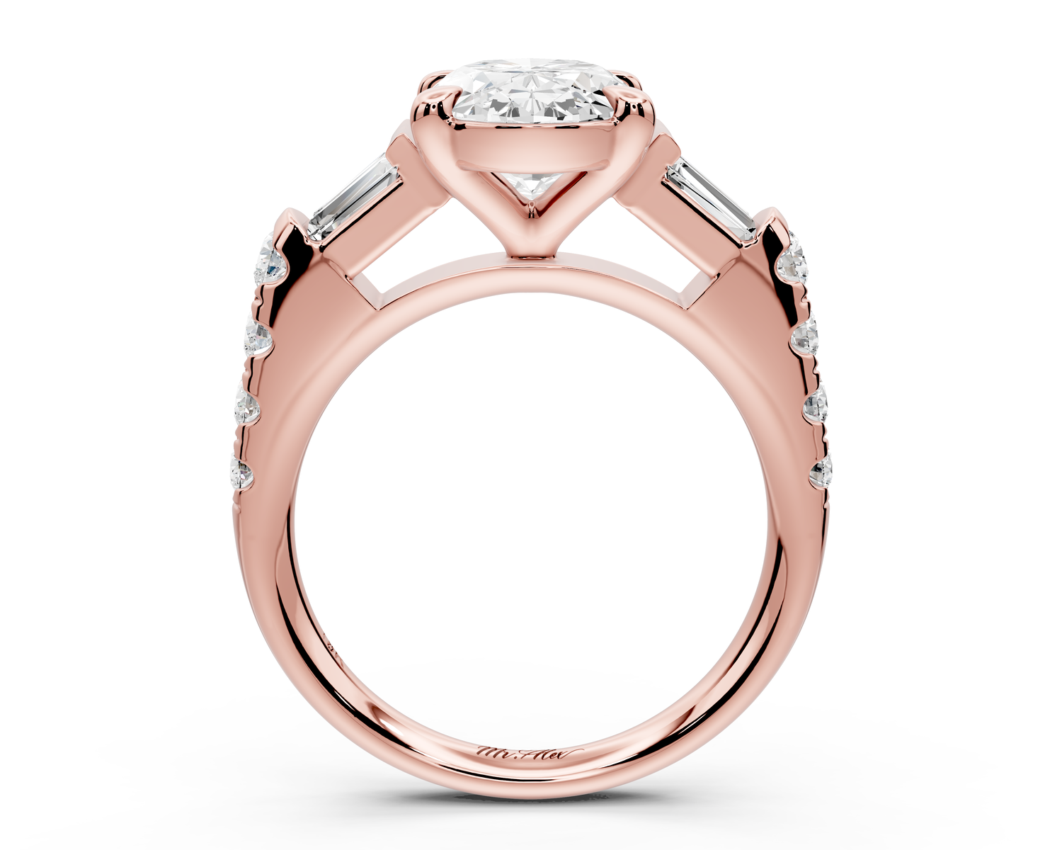 Aria - 4ct 18k rose gold oval Diamond with tapered baguettes and round accent stones Engagement ring