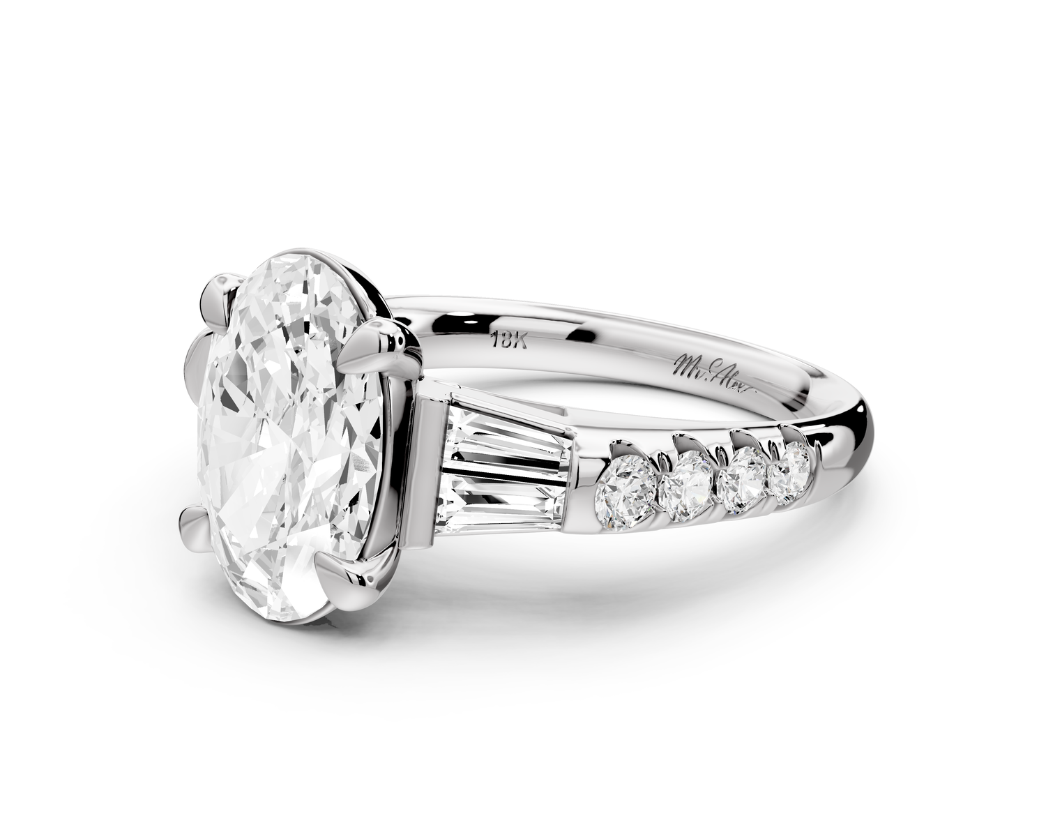 Aria - 4ct 18k white gold oval Diamond with tapered baguettes and round accent stones Engagement ring