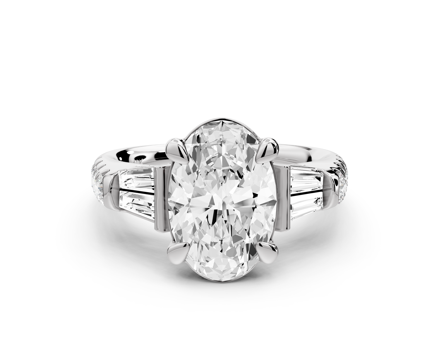 Aria - 4ct platinum oval Diamond with tapered baguettes and round accent stones Engagement ring