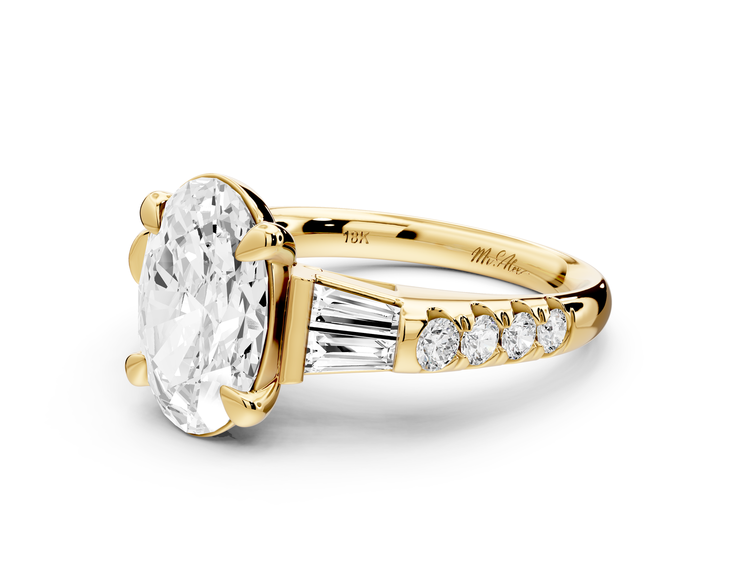 Aria - 4ct 14k yellow gold oval Diamond with tapered baguettes and round accent stones Engagement ring