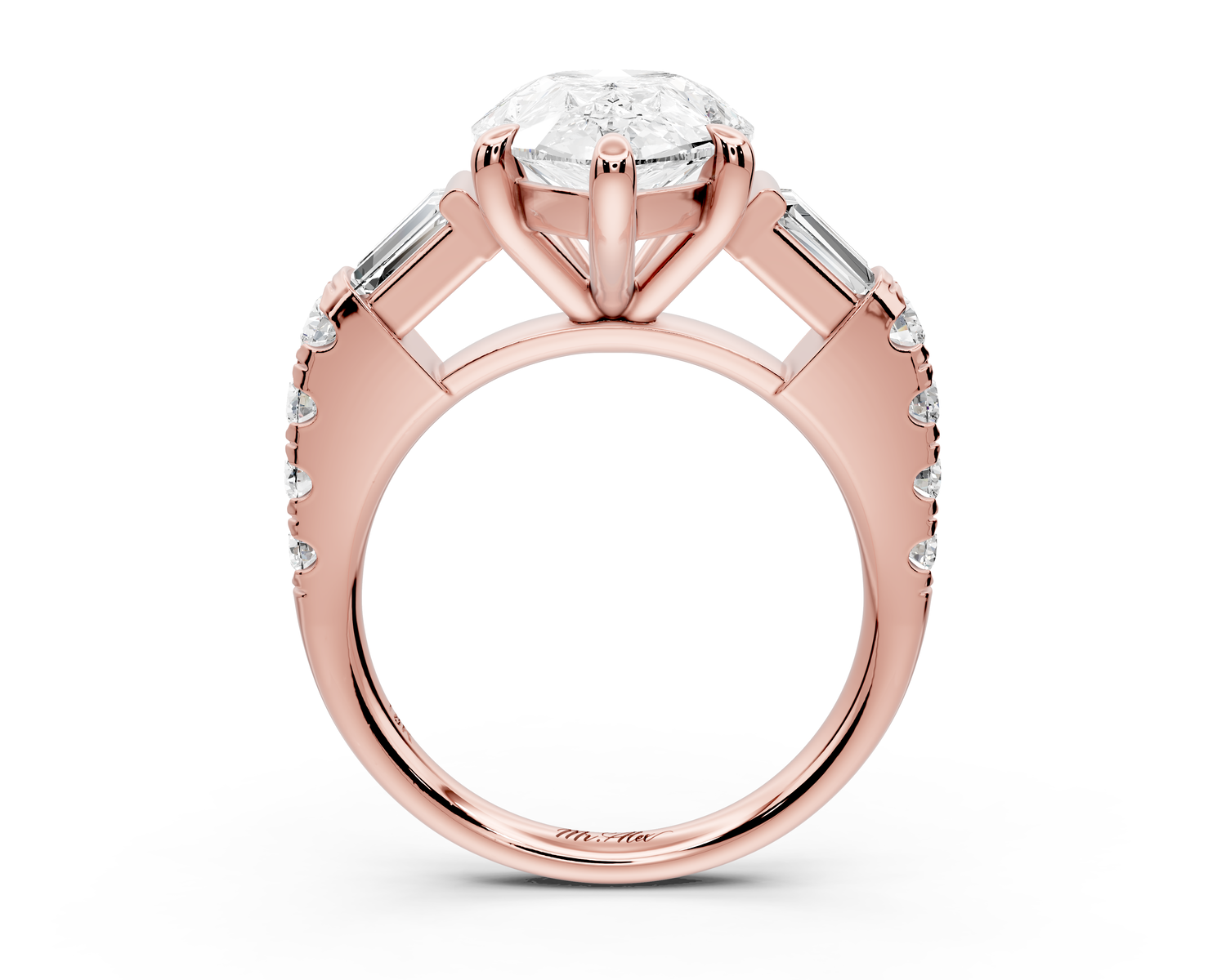Aria - 4ct 14k rose gold pear Diamond with tapered baguettes and round accent stones Engagement ring