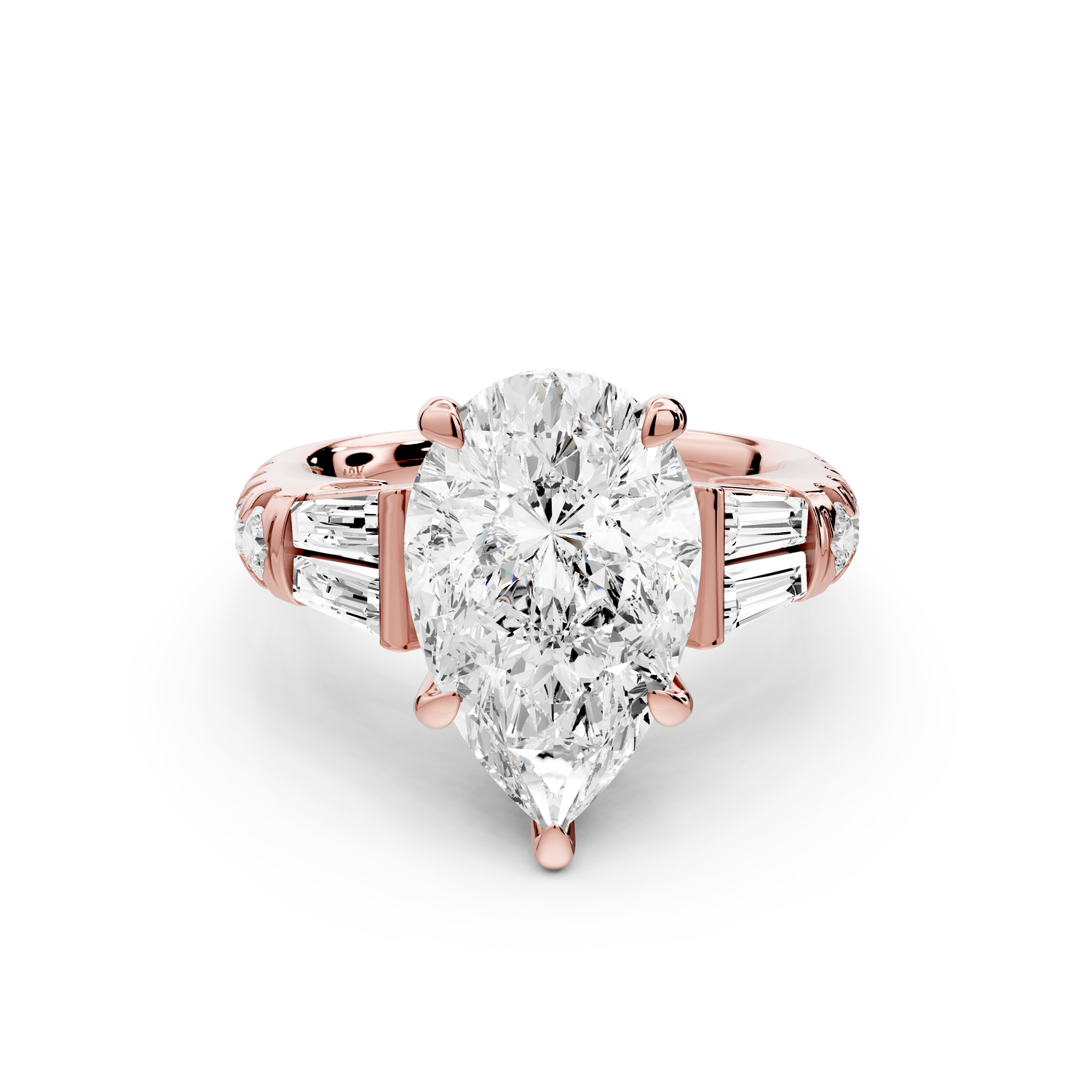 Aria - 4ct 18k rose gold pear Diamond with tapered baguettes and round accent stones Engagement ring