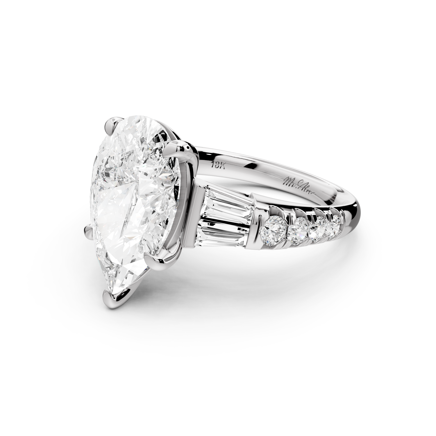 Aria - 4ct 14k white gold pear Diamond with tapered baguettes and round accent stones Engagement ring