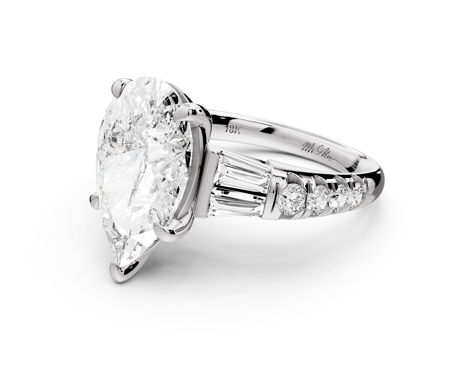 Aria - 4ct 18k white gold pear Diamond with tapered baguettes and round accent stones Engagement ring