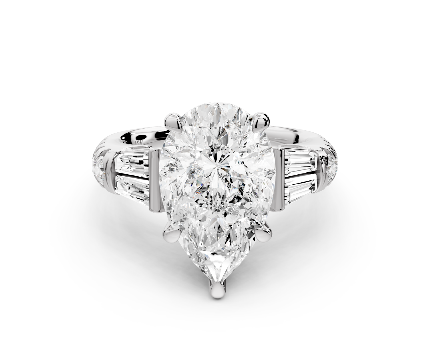 Aria - 4ct 14k white gold pear Diamond with tapered baguettes and round accent stones Engagement ring