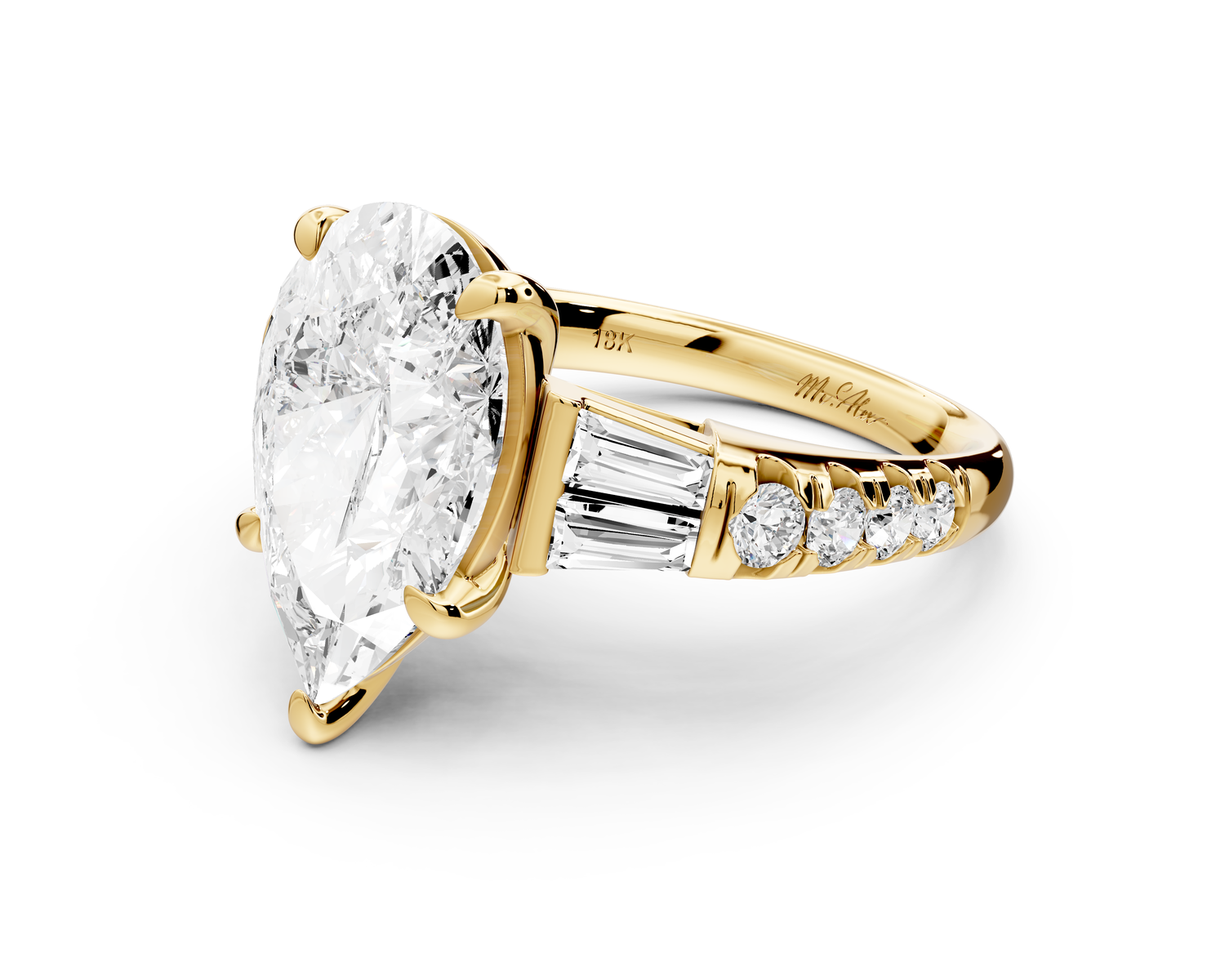 Aria - 4ct 14k yellow gold pear Diamond with tapered baguettes and round accent stones Engagement ring