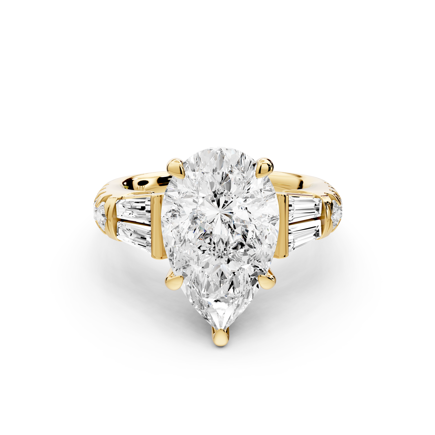 Aria - 4ct 14k yellow gold pear Diamond with tapered baguettes and round accent stones Engagement ring