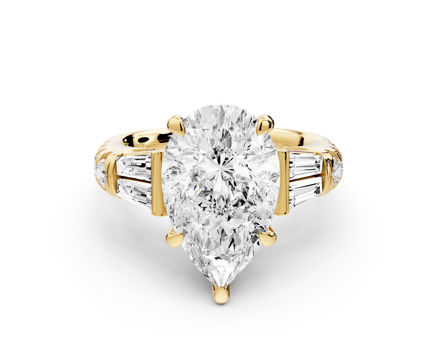 Aria - 4ct 18k yellow gold pear Diamond with tapered baguettes and round accent stones Engagement ring