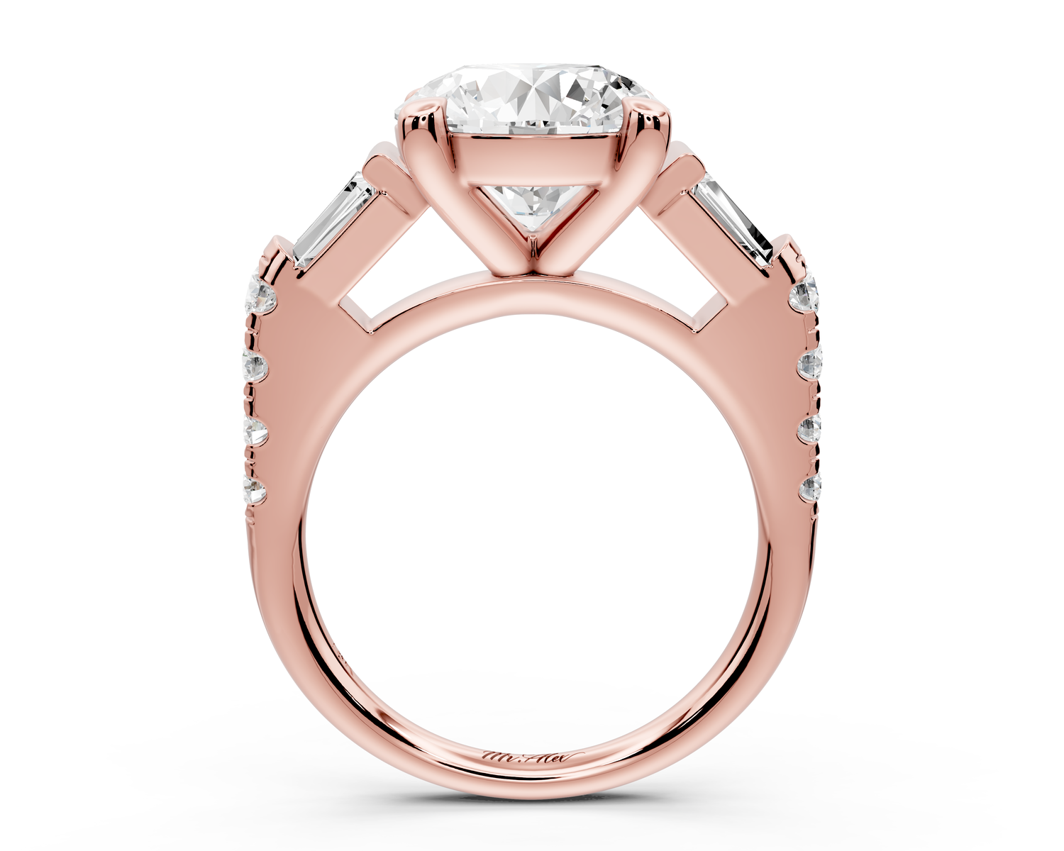 Aria - 4ct 18k rose gold round Diamond with tapered baguettes and round accent stones engagment ring