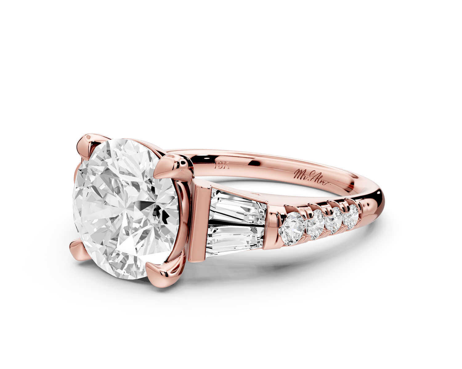 Aria - 4ct 18k rose gold round Diamond with tapered baguettes and round accent stones engagment ring