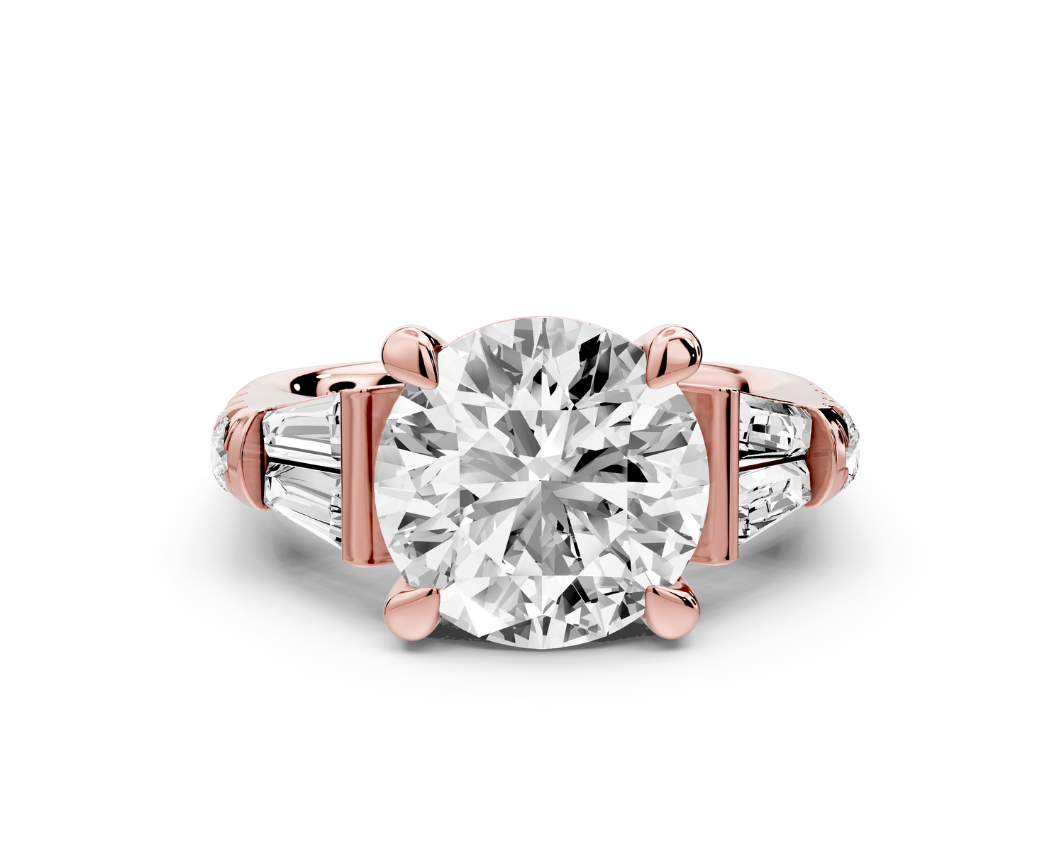 Aria - 4ct 18k rose gold round Diamond with tapered baguettes and round accent stones engagment ring