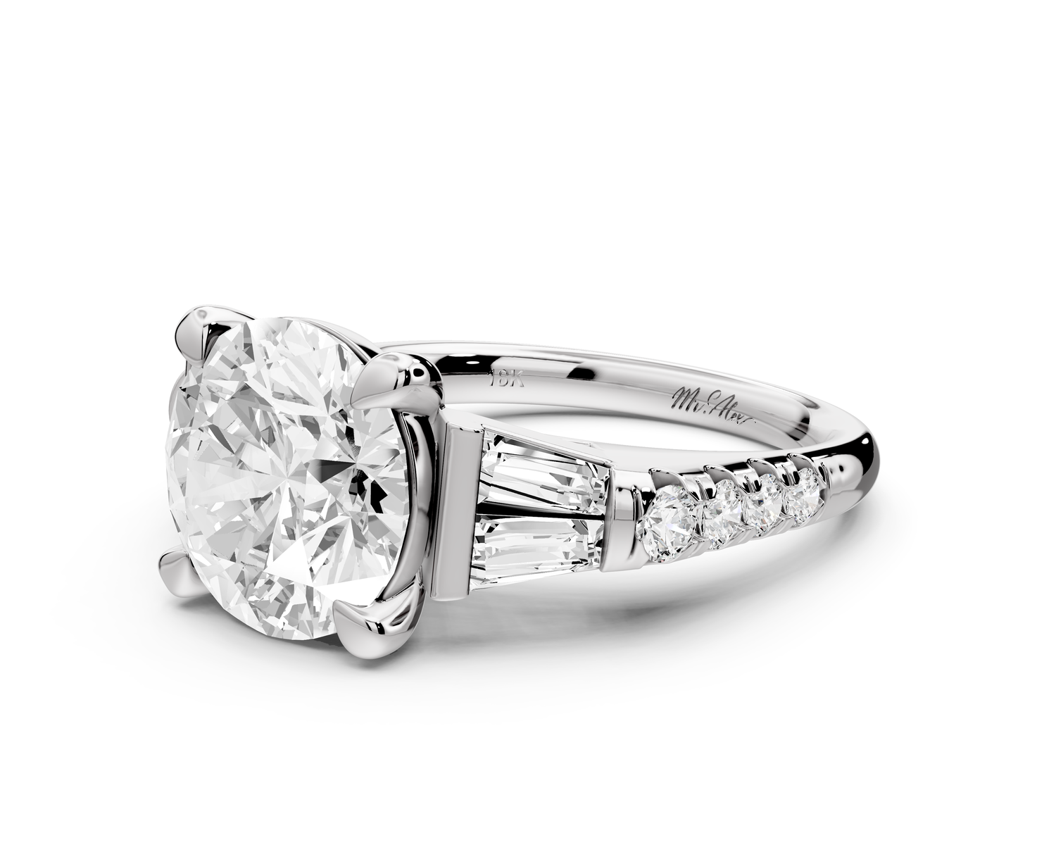 Aria - 4ct 14k white gold round Diamond with tapered baguettes and round accent stones engagment ring