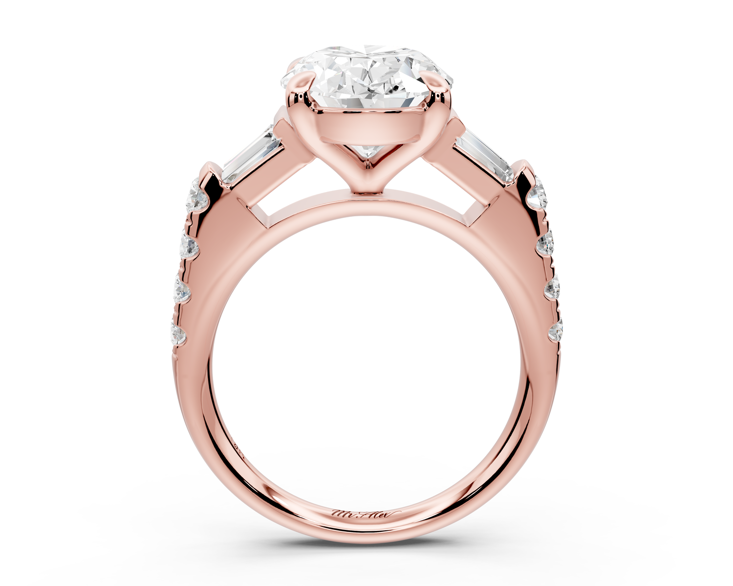 Aria - 5ct 18k rose gold oval Diamond with tapered baguettes and round accent stones Engagement ring