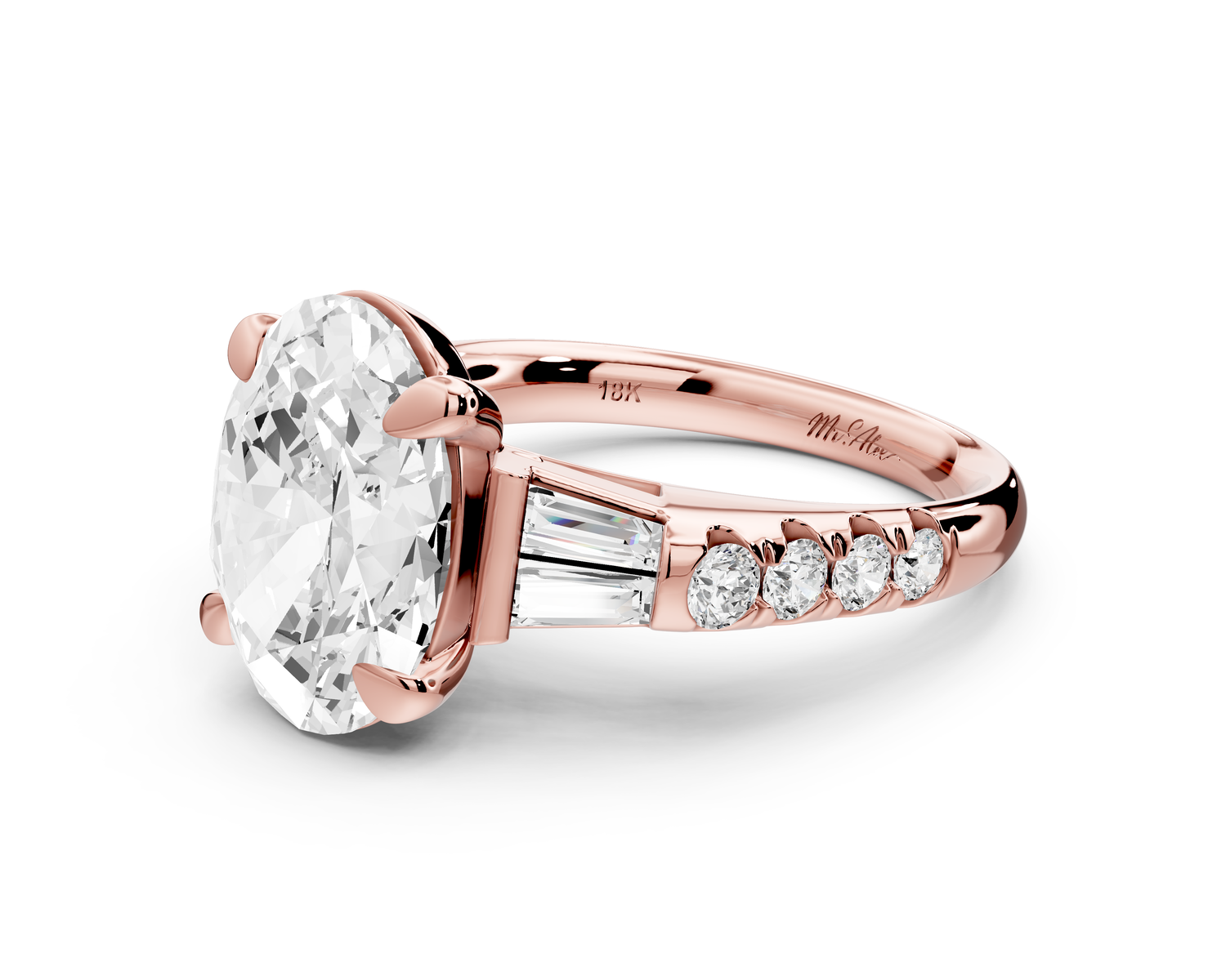 Aria - 5ct 14k rose gold oval Diamond with tapered baguettes and round accent stones Engagement ring