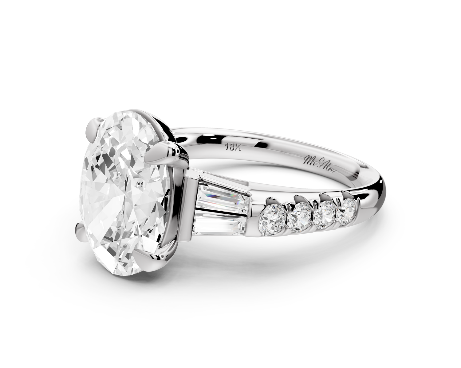 Aria - 5ct 14k white gold oval Diamond with tapered baguettes and round accent stones Engagement ring