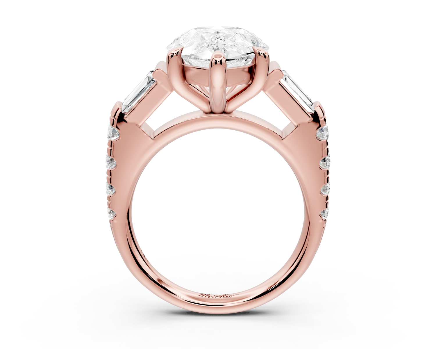 Aria - 5ct 18k rose gold pear Diamond with tapered baguettes and round accent stones Engagement ring