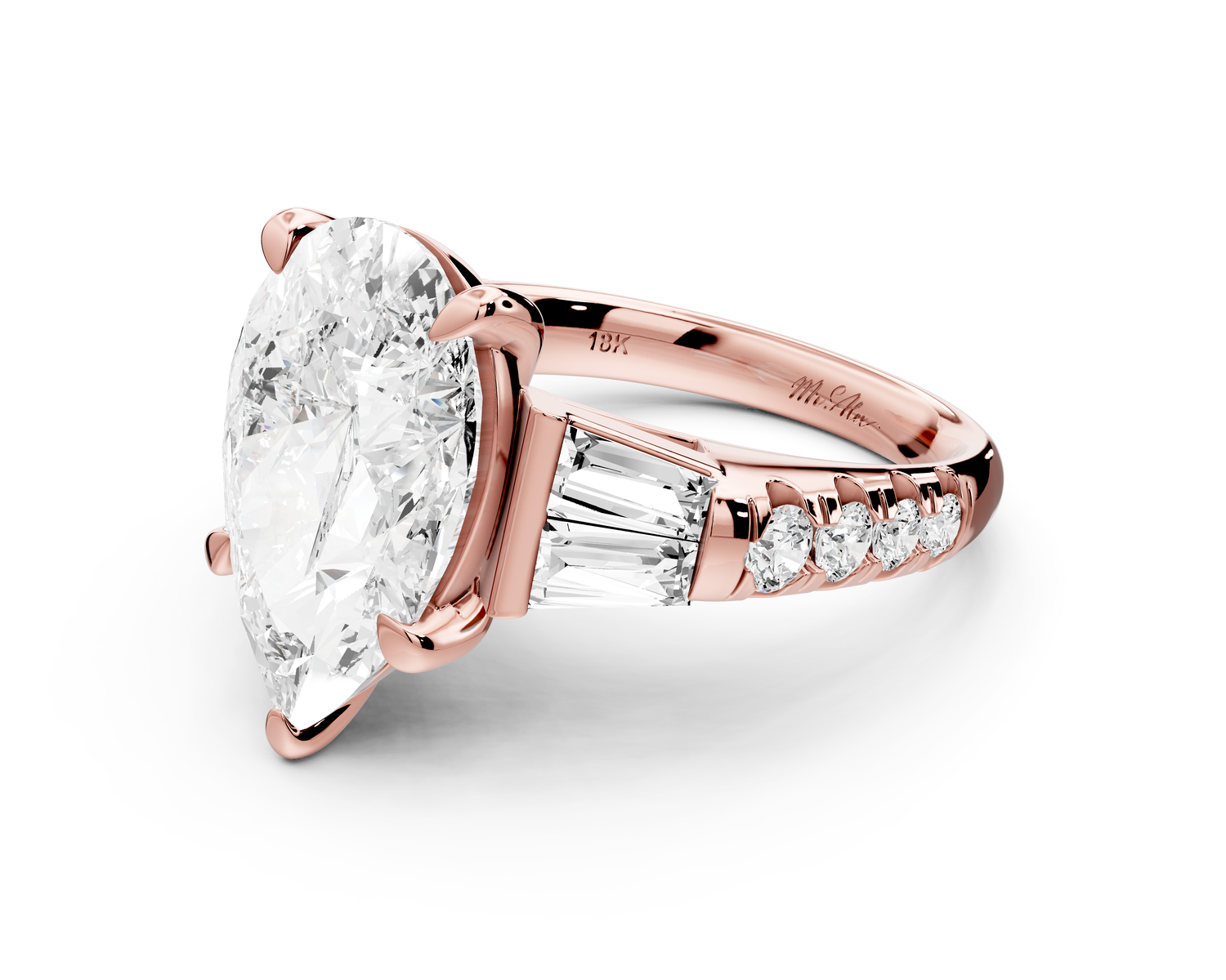 Aria - 5ct 18k rose gold pear Diamond with tapered baguettes and round accent stones Engagement ring