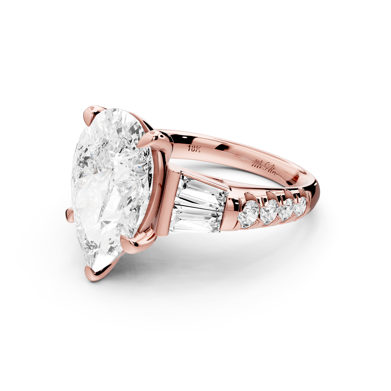 Aria - 5ct 18k rose gold pear Diamond with tapered baguettes and round accent stones Engagement ring