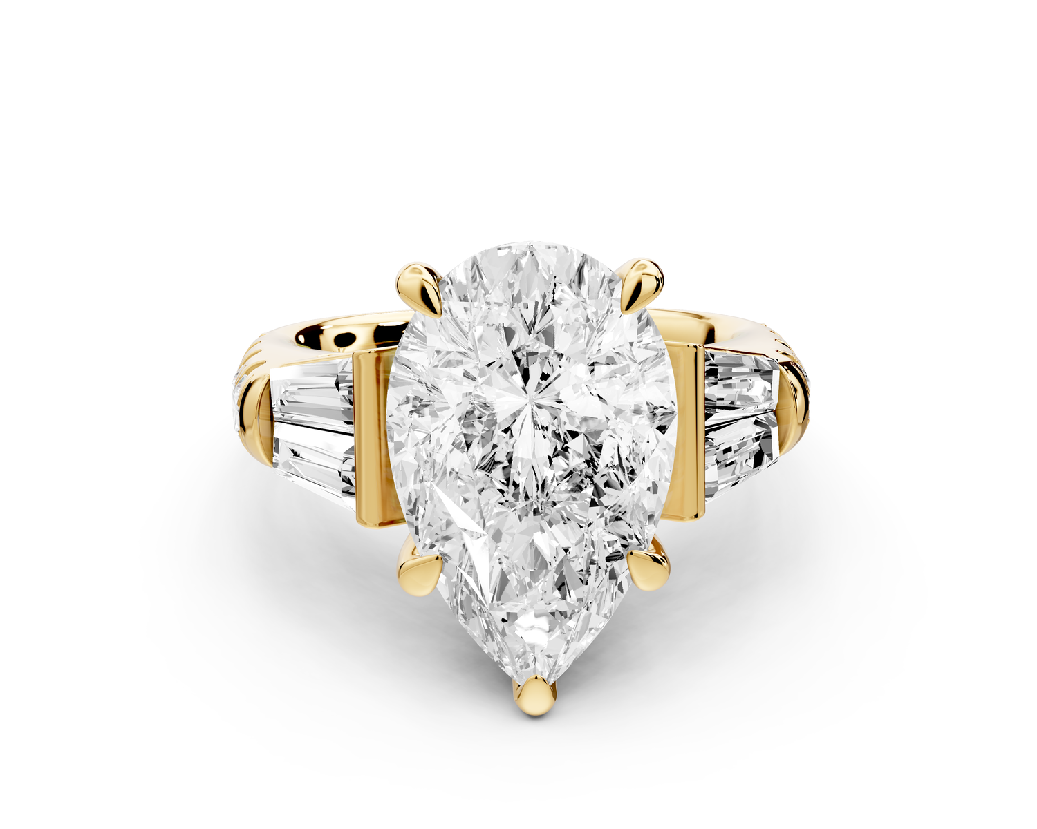 Aria - 5ct 14k yellow gold pear Diamond with tapered baguettes and round accent stones Engagement ring