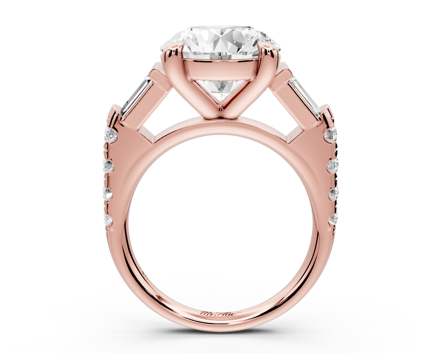 Aria - 5ct 14k rose gold round Diamond with tapered baguettes and round accent stones engagment ring