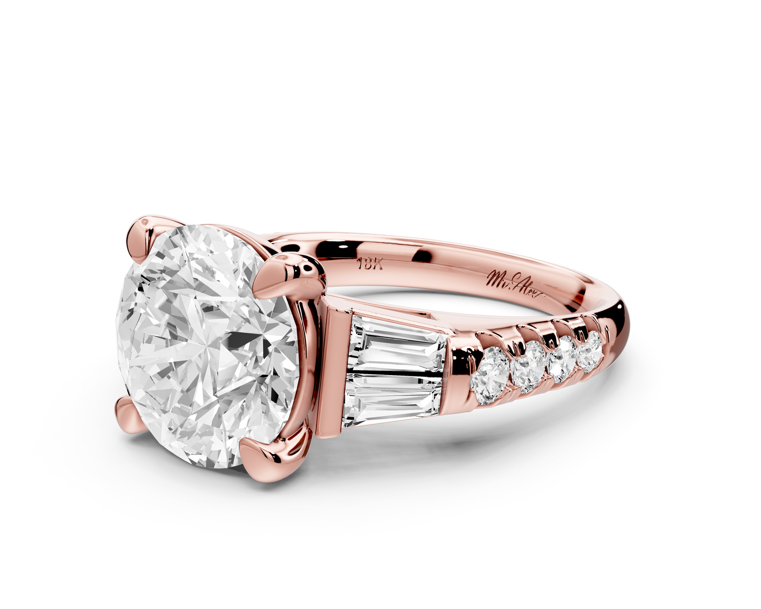 Aria - 5ct 14k rose gold round Diamond with tapered baguettes and round accent stones engagment ring