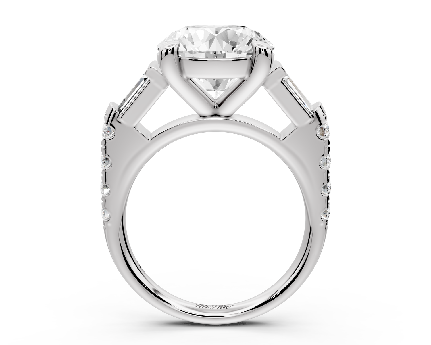 Aria - 5ct platinum round Diamond with tapered baguettes and round accent stones engagment ring