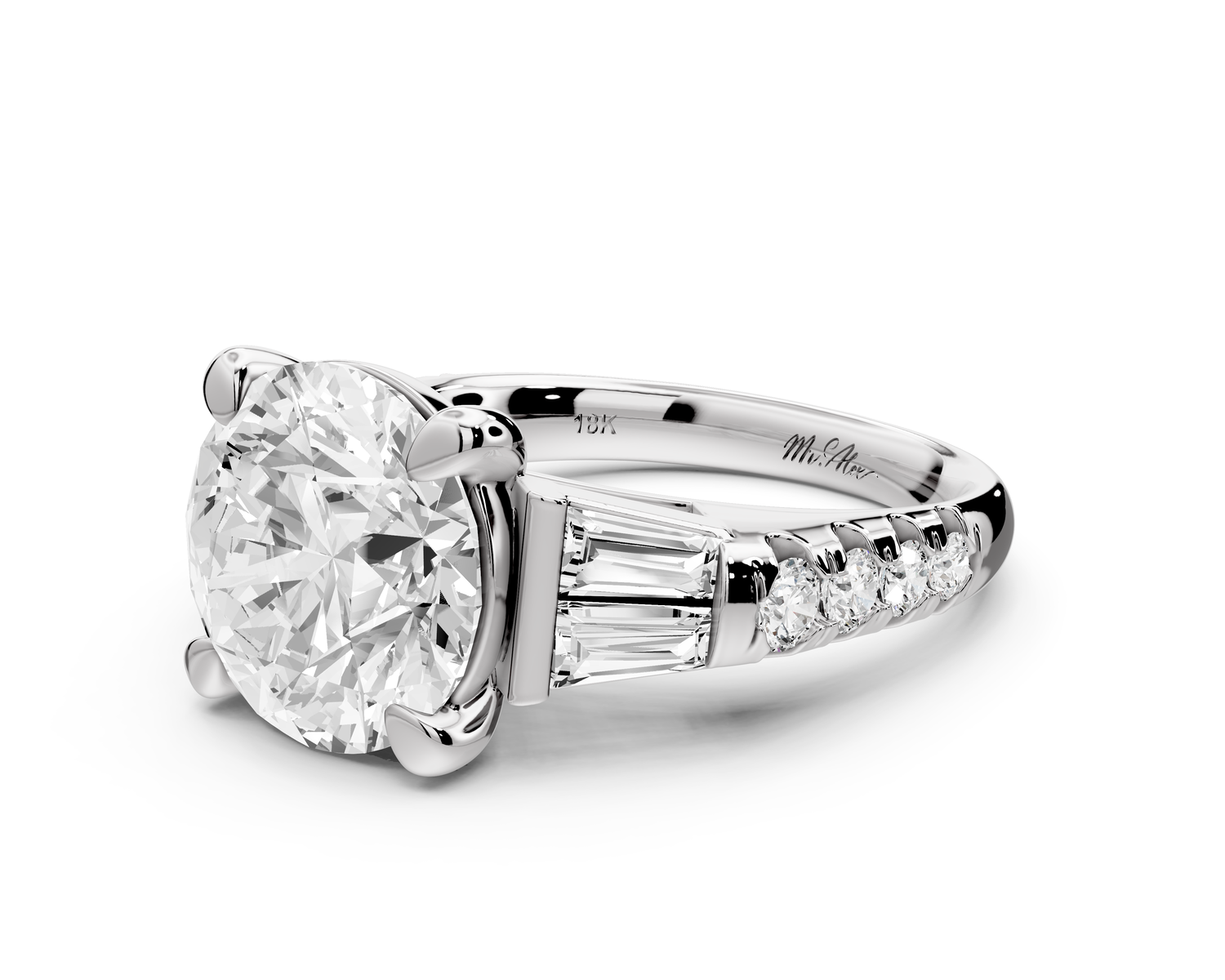 Aria - 5ct platinum round Diamond with tapered baguettes and round accent stones engagment ring