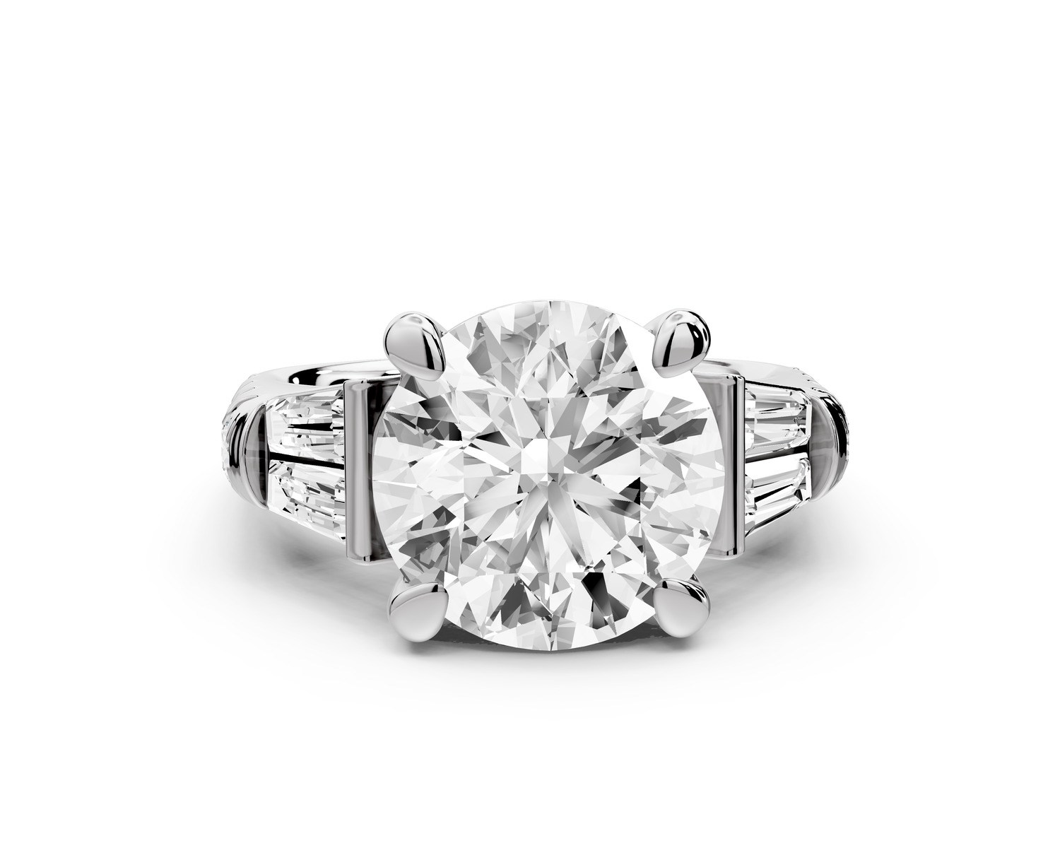 Aria - 5ct platinum round Diamond with tapered baguettes and round accent stones engagment ring