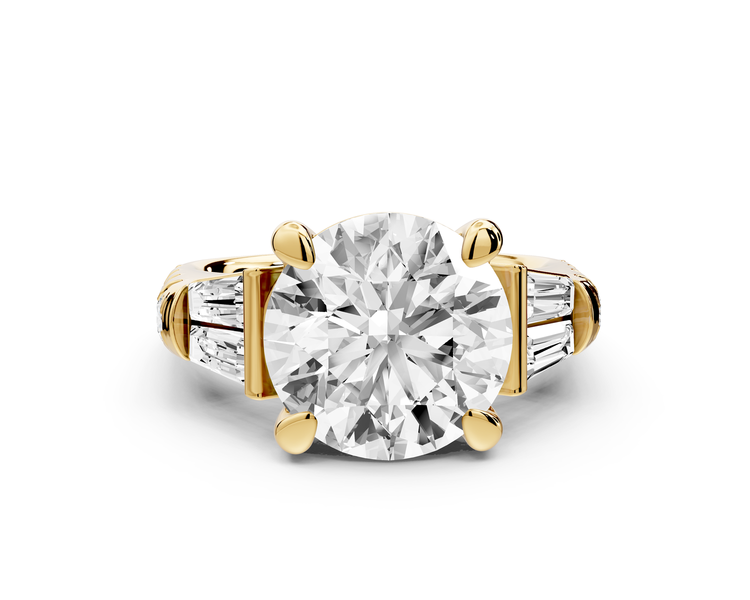 Aria - 5ct 18k yellow gold round Diamond with tapered baguettes and round accent stones engagment ring