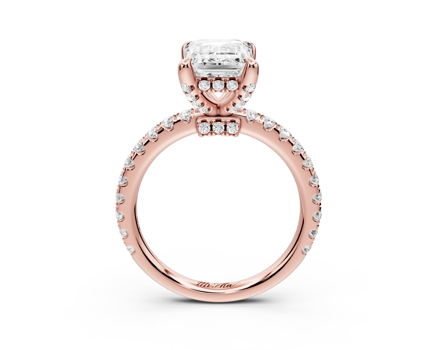 Jade - 2ct 14k rose gold emerald hidden halo diamond crown and bridge Pavé engagement ring