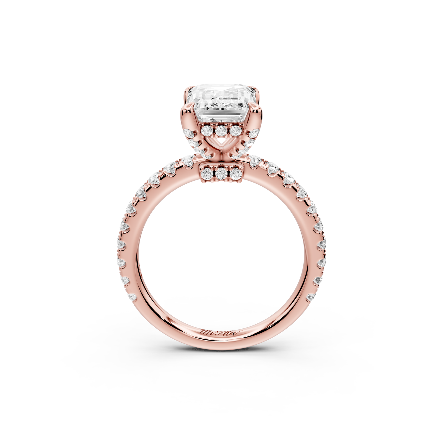 Jade - 2ct 14k rose gold emerald hidden halo diamond crown and bridge Pavé engagement ring