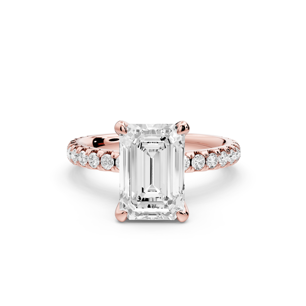 Jade - 2ct 14k rose gold emerald hidden halo diamond crown and bridge Pavé engagement ring