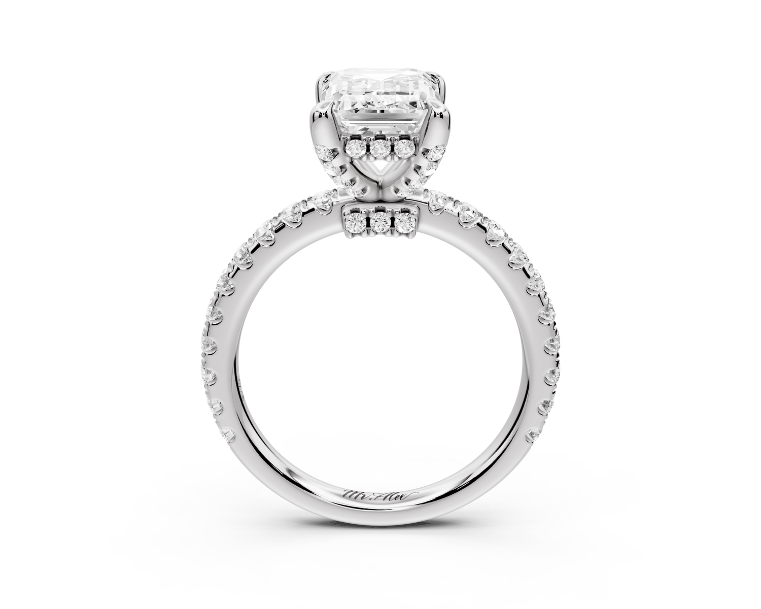 Jade - 2ct 14k white gold emerald hidden halo diamond crown and bridge Pavé engagement ring