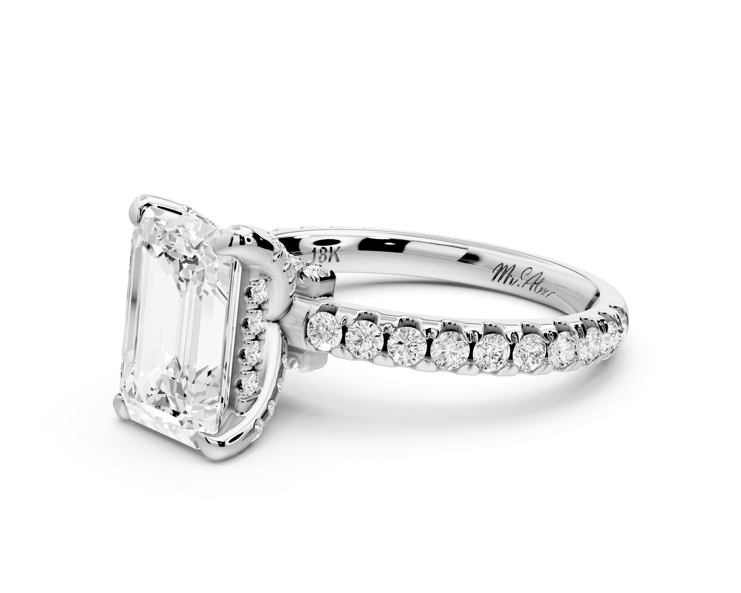 Jade - 2ct 14k white gold emerald hidden halo diamond crown and bridge Pavé engagement ring