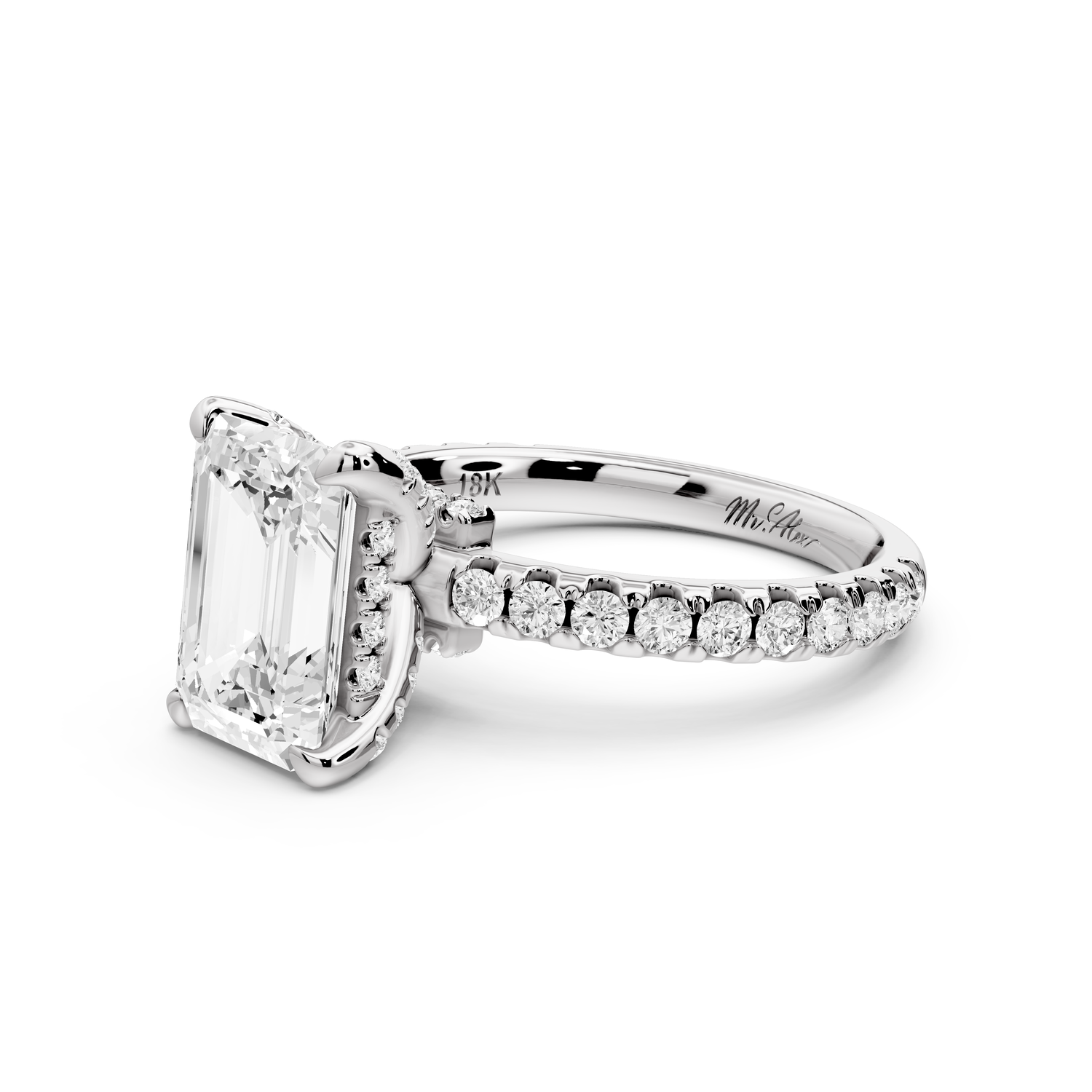 Jade - 2ct 14k white gold emerald hidden halo diamond crown and bridge Pavé engagement ring