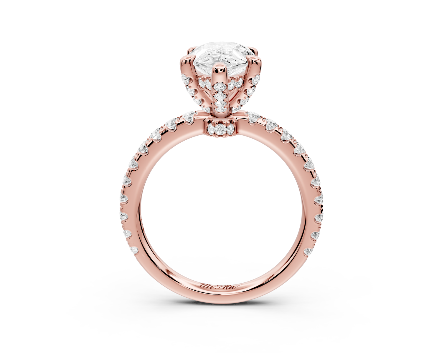 Jade - 2ct 14k rose gold pear hidden halo diamond crown and bridge Pavé engagement ring