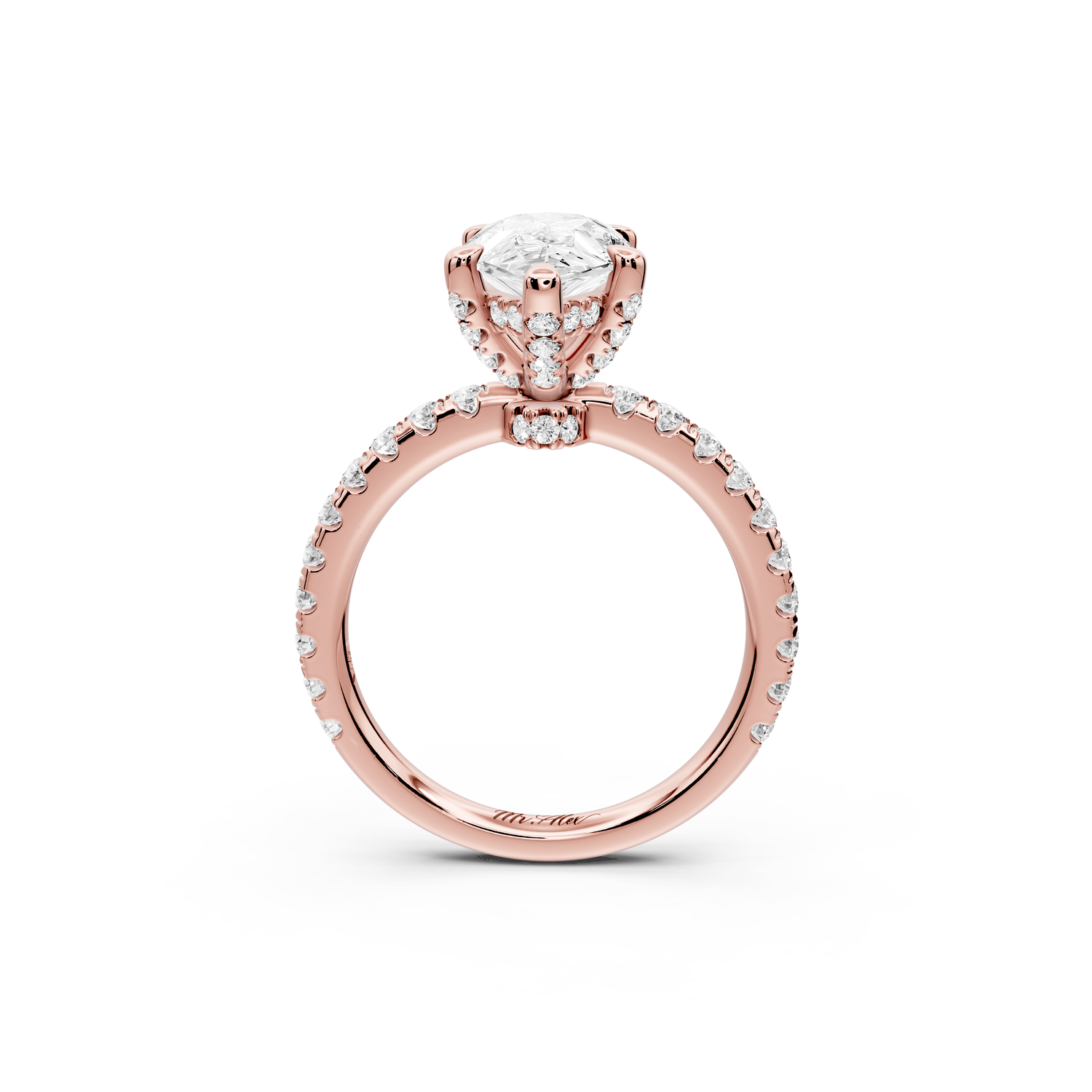 Jade - 2ct 14k rose gold pear hidden halo diamond crown and bridge Pavé engagement ring