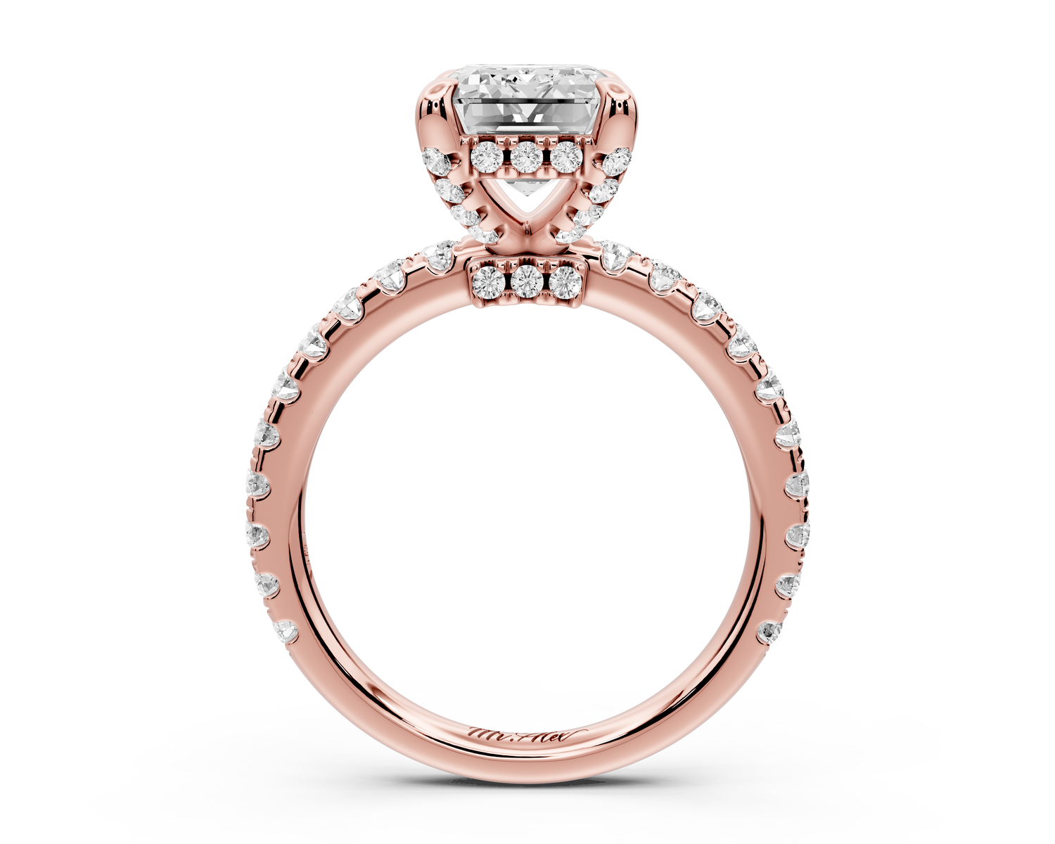 Jade - 3ct 14k rose gold emerald hidden halo diamond crown and bridge Pavé engagement ring