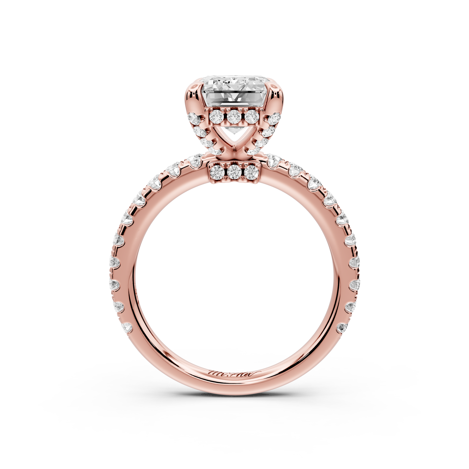Jade - 3ct 14k rose gold emerald hidden halo diamond crown and bridge Pavé engagement ring