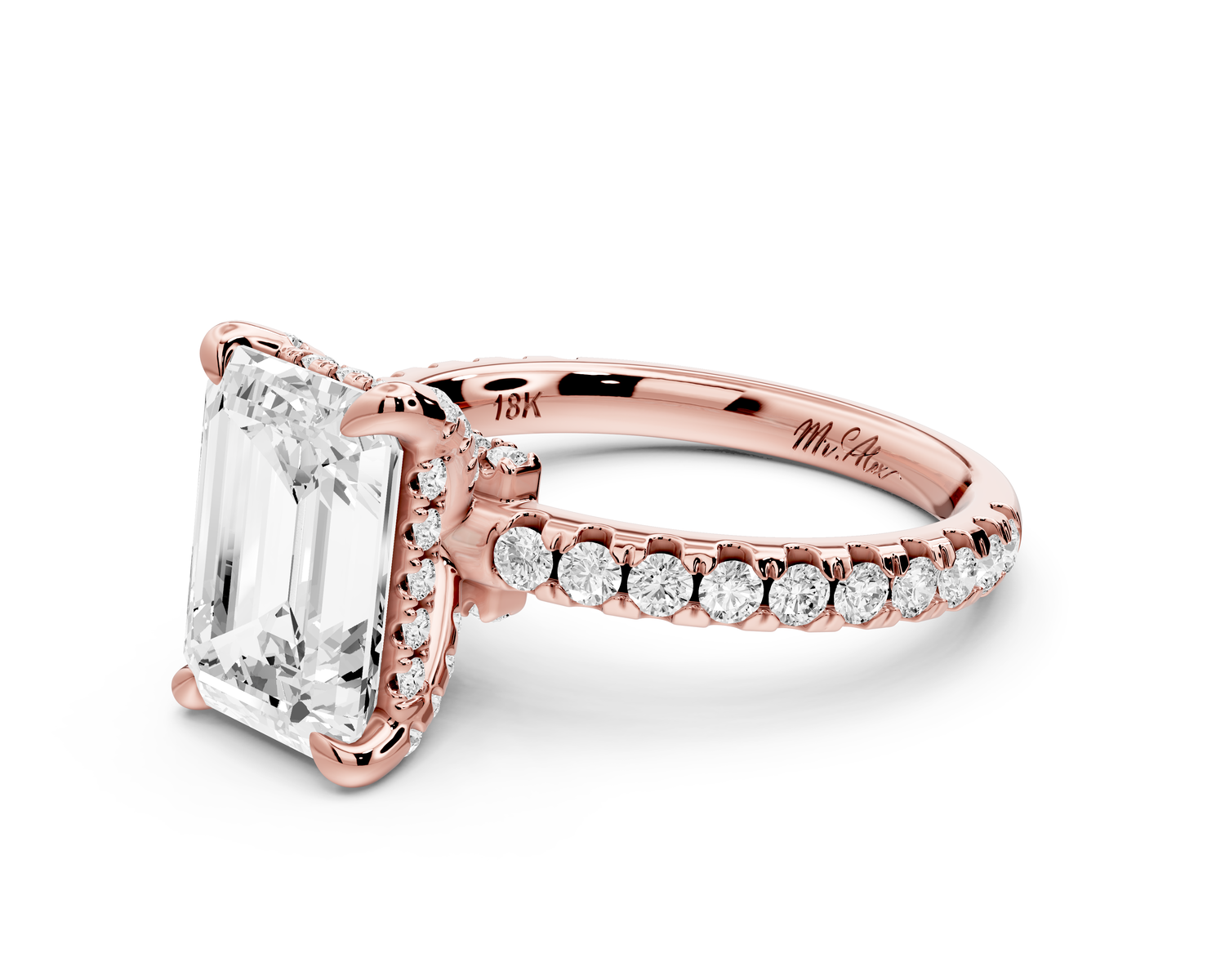 Jade - 3ct 14k rose gold emerald hidden halo diamond crown and bridge Pavé engagement ring