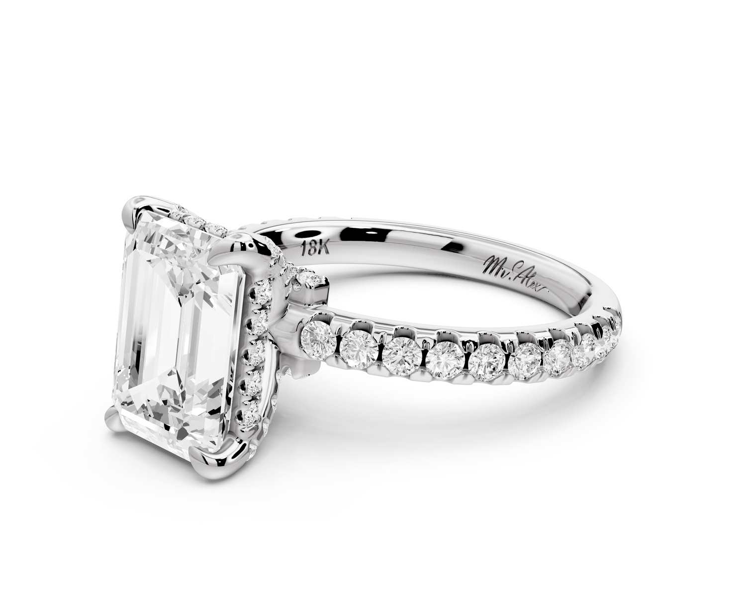 Jade - 3ct 14k white gold emerald hidden halo diamond crown and bridge Pavé engagement ring